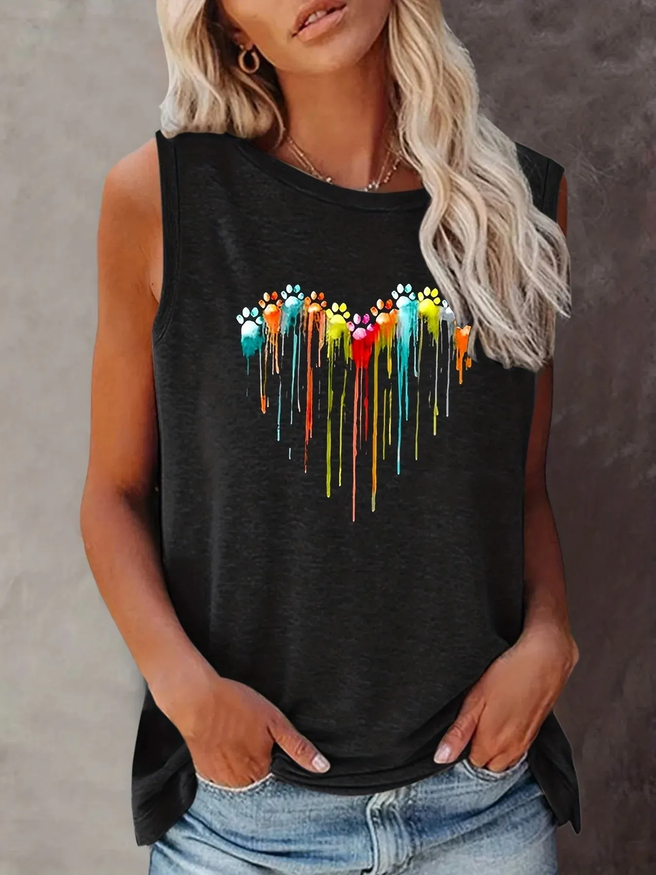 Women's Colorful Paw Print Summer Tank Top Loose Fit, Sleeveless T-Shirt