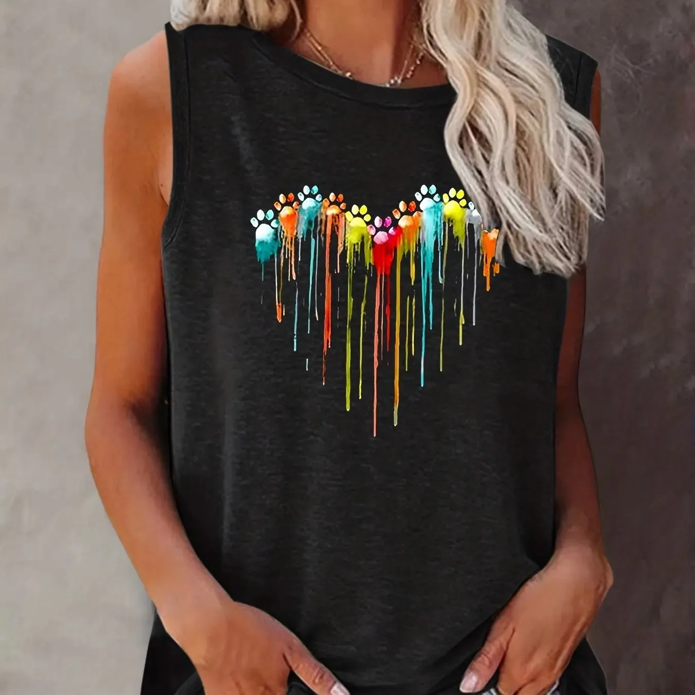 Women's Colorful Paw Print Summer Tank Top Loose Fit, Sleeveless T-Shirt