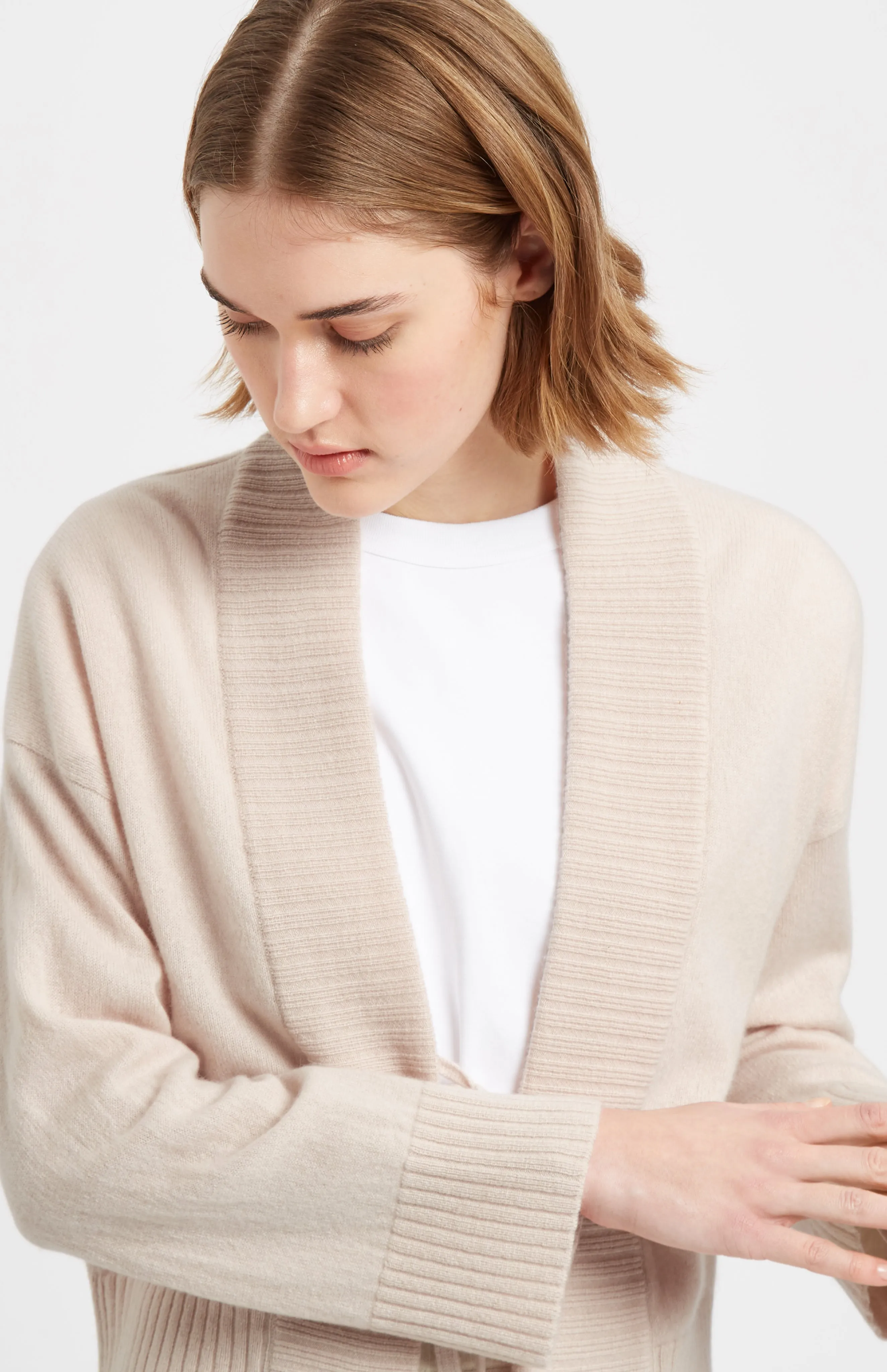 Women's Lightweight Cashmere Open Cardigan With Tie In Pastel Pink