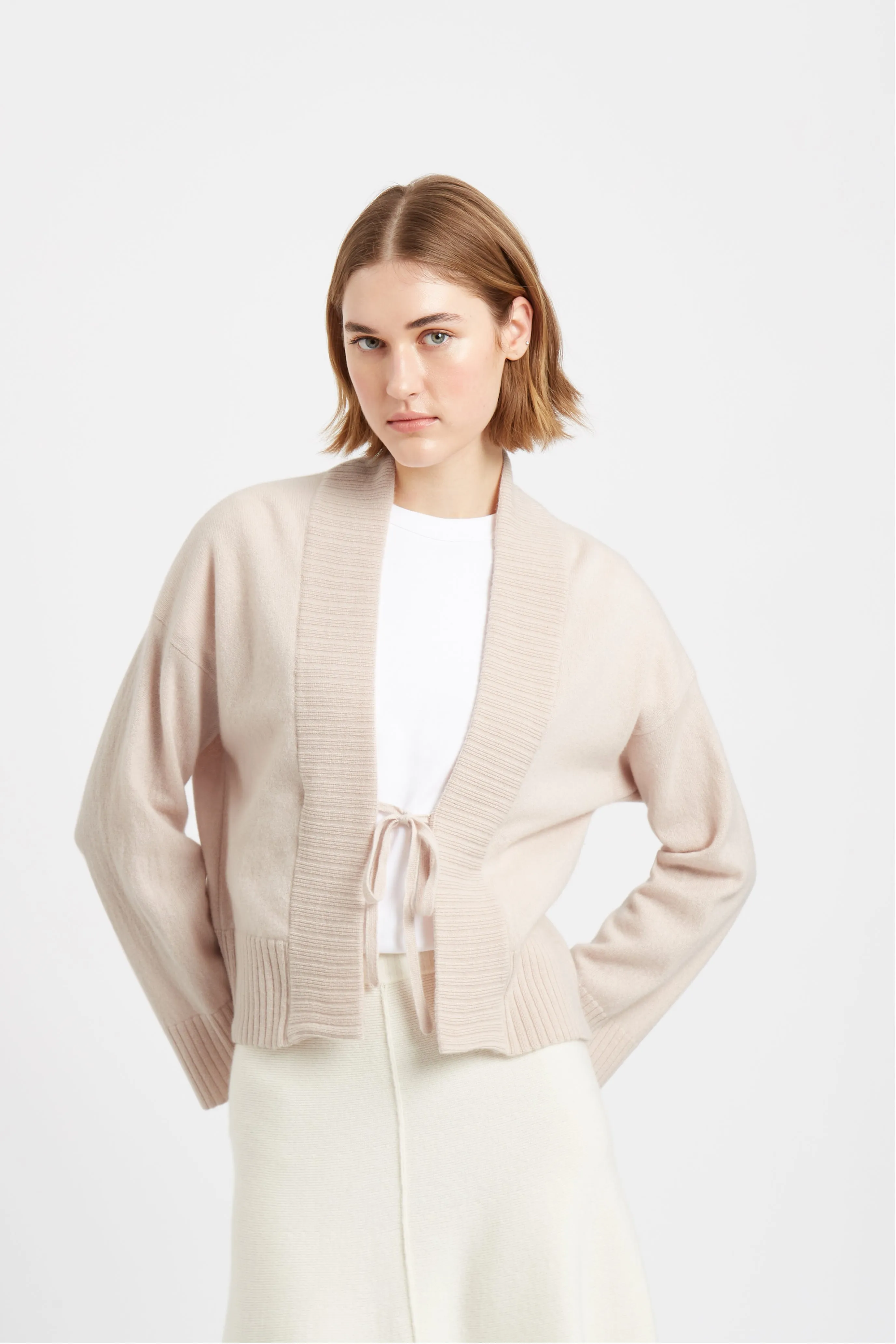 Women's Lightweight Cashmere Open Cardigan With Tie In Pastel Pink