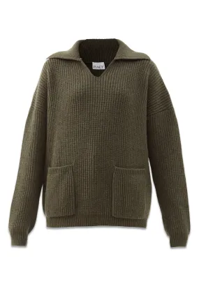 Wool Open-collar Rib Knit Rugby Jumper