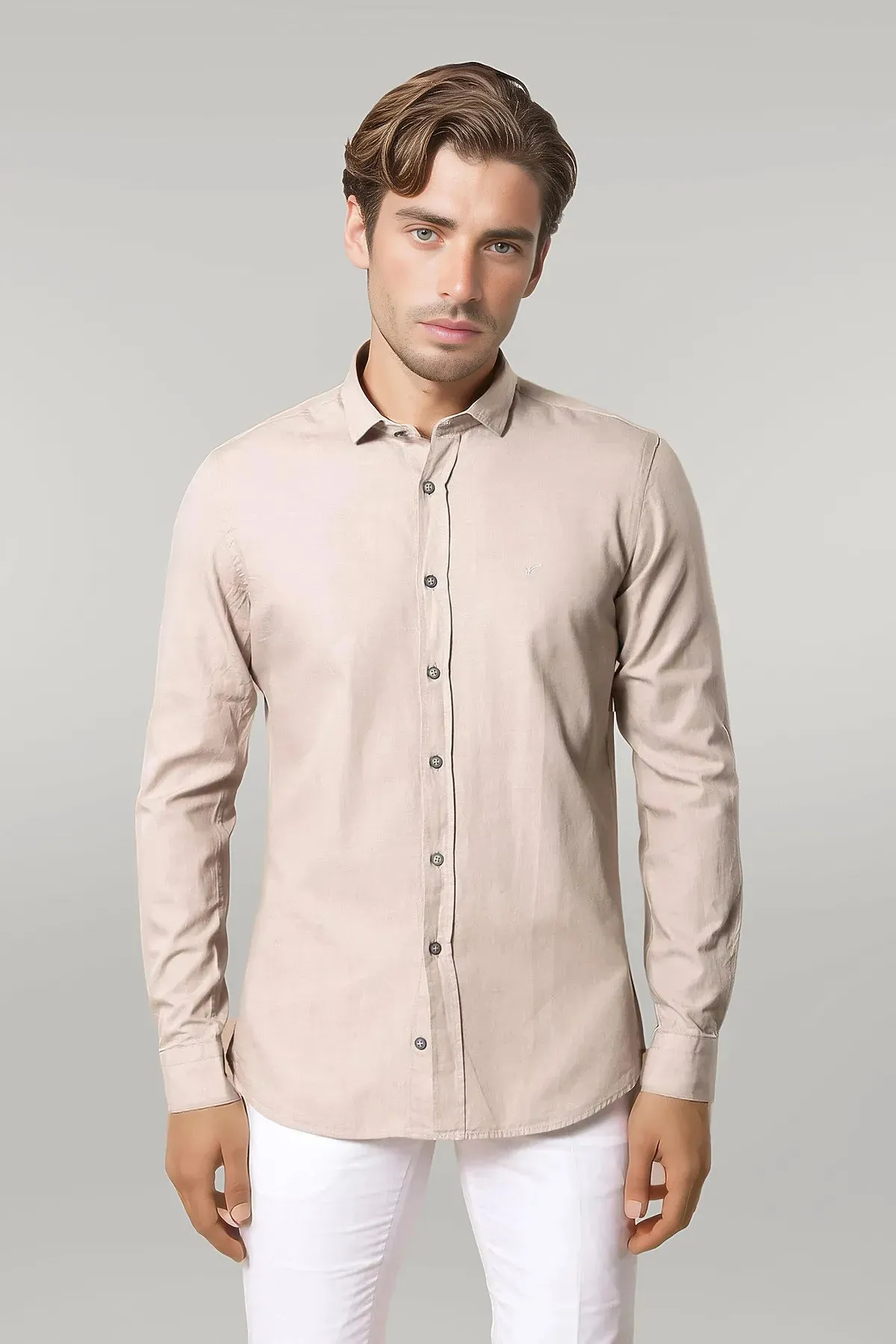 WSS Patterned Cotton Slim Fit Beige Shirt  - Singen