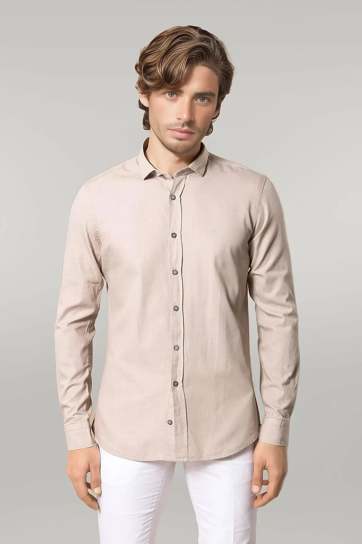WSS Patterned Cotton Slim Fit Beige Shirt  - Singen
