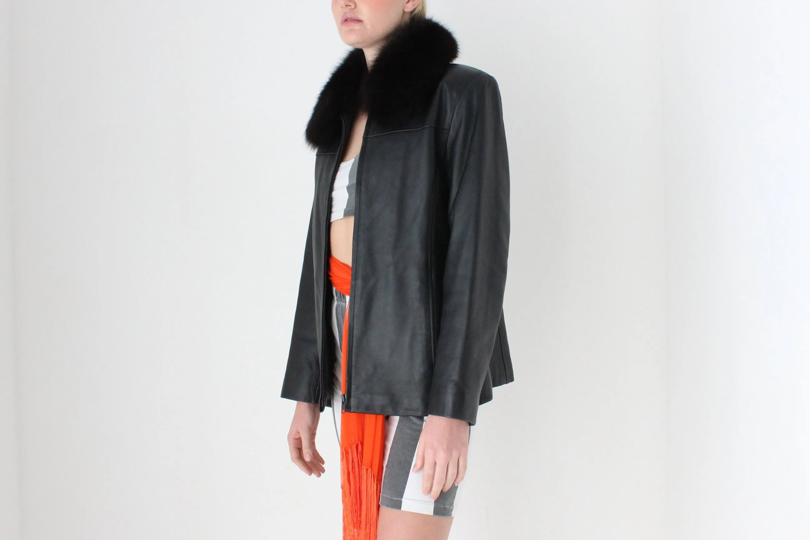 Y2K {Genuine Lambskin LEATHER   Fox FUR Collar} Zip Front Bomber Jacket