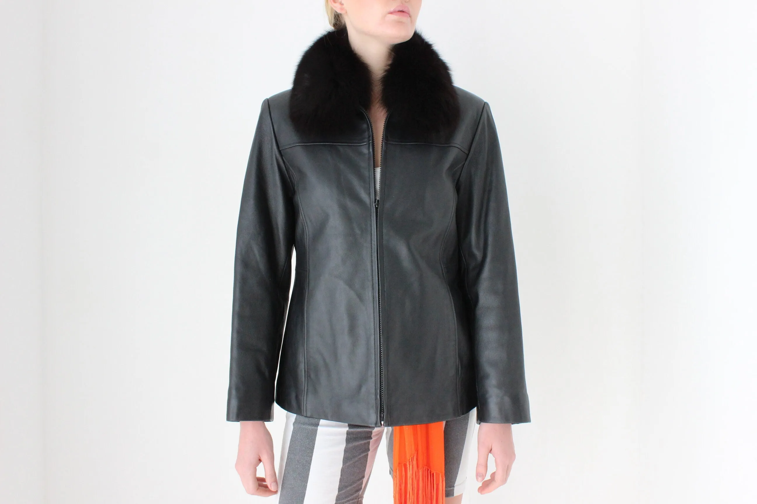 Y2K {Genuine Lambskin LEATHER   Fox FUR Collar} Zip Front Bomber Jacket