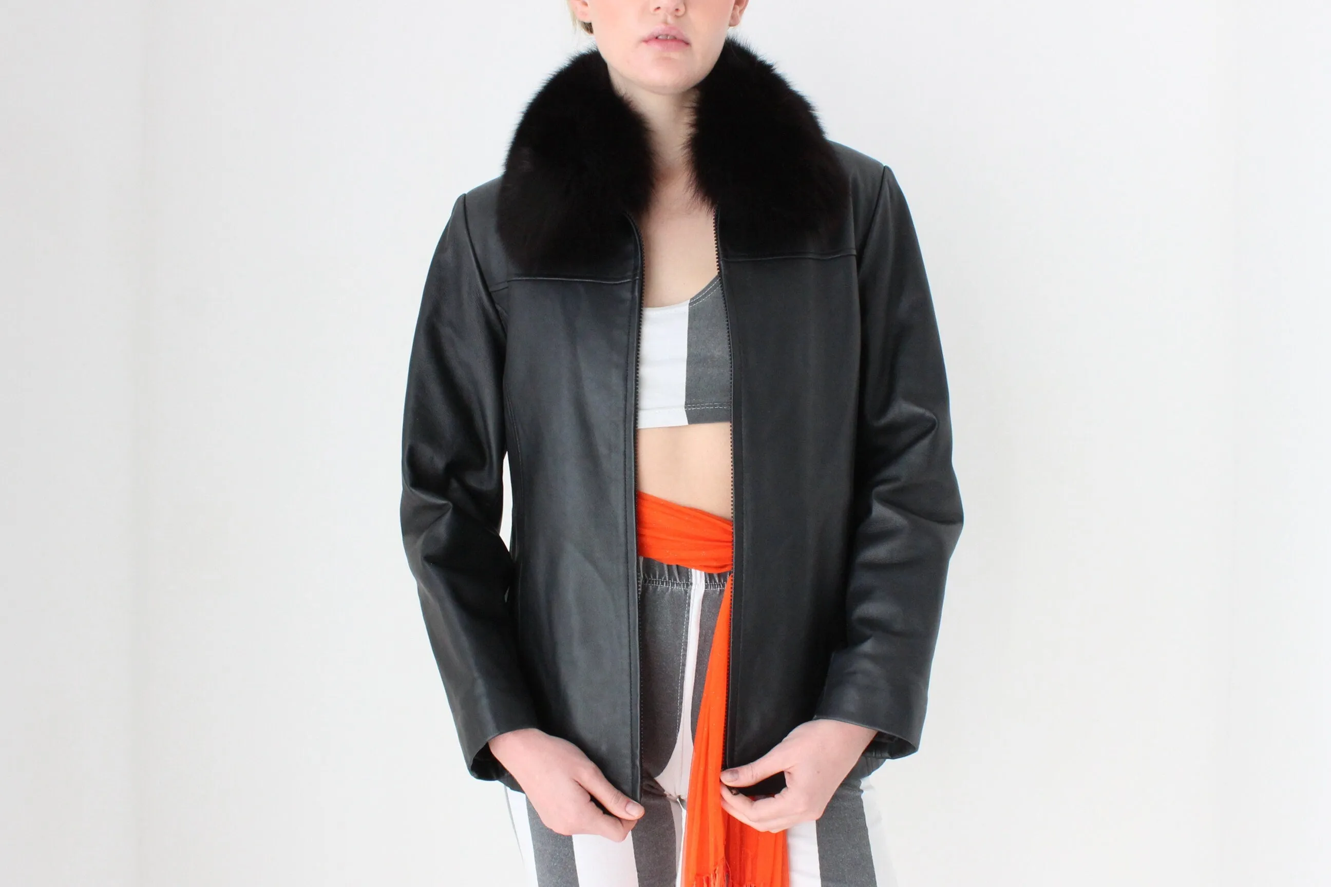 Y2K {Genuine Lambskin LEATHER   Fox FUR Collar} Zip Front Bomber Jacket