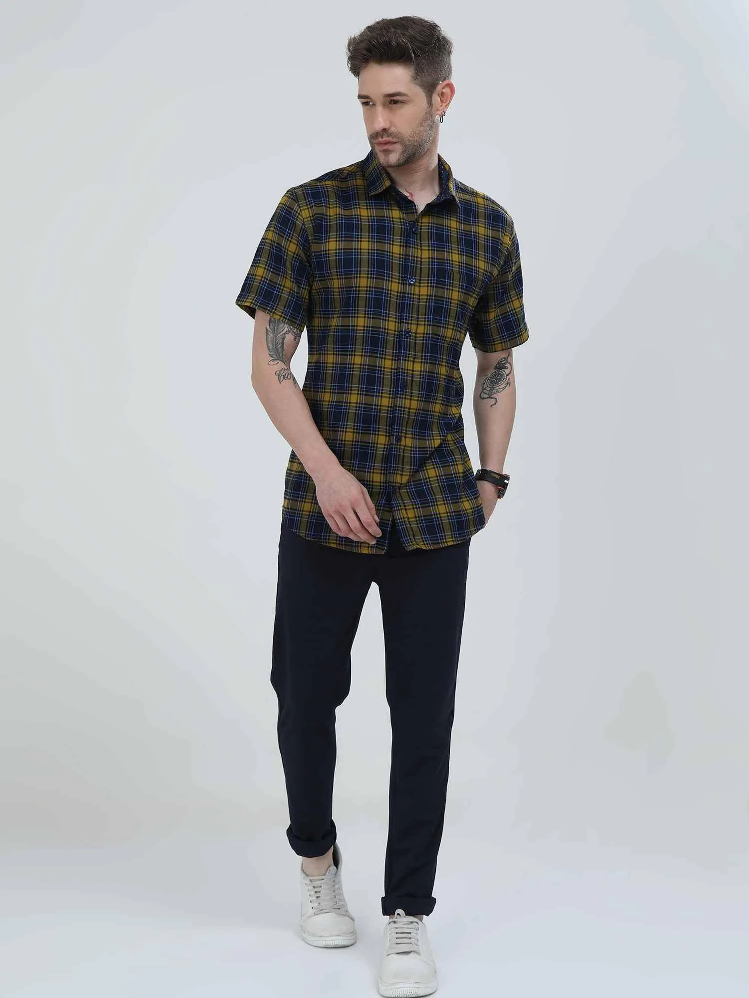 Yellow and Navy Blue Checkered Shirt