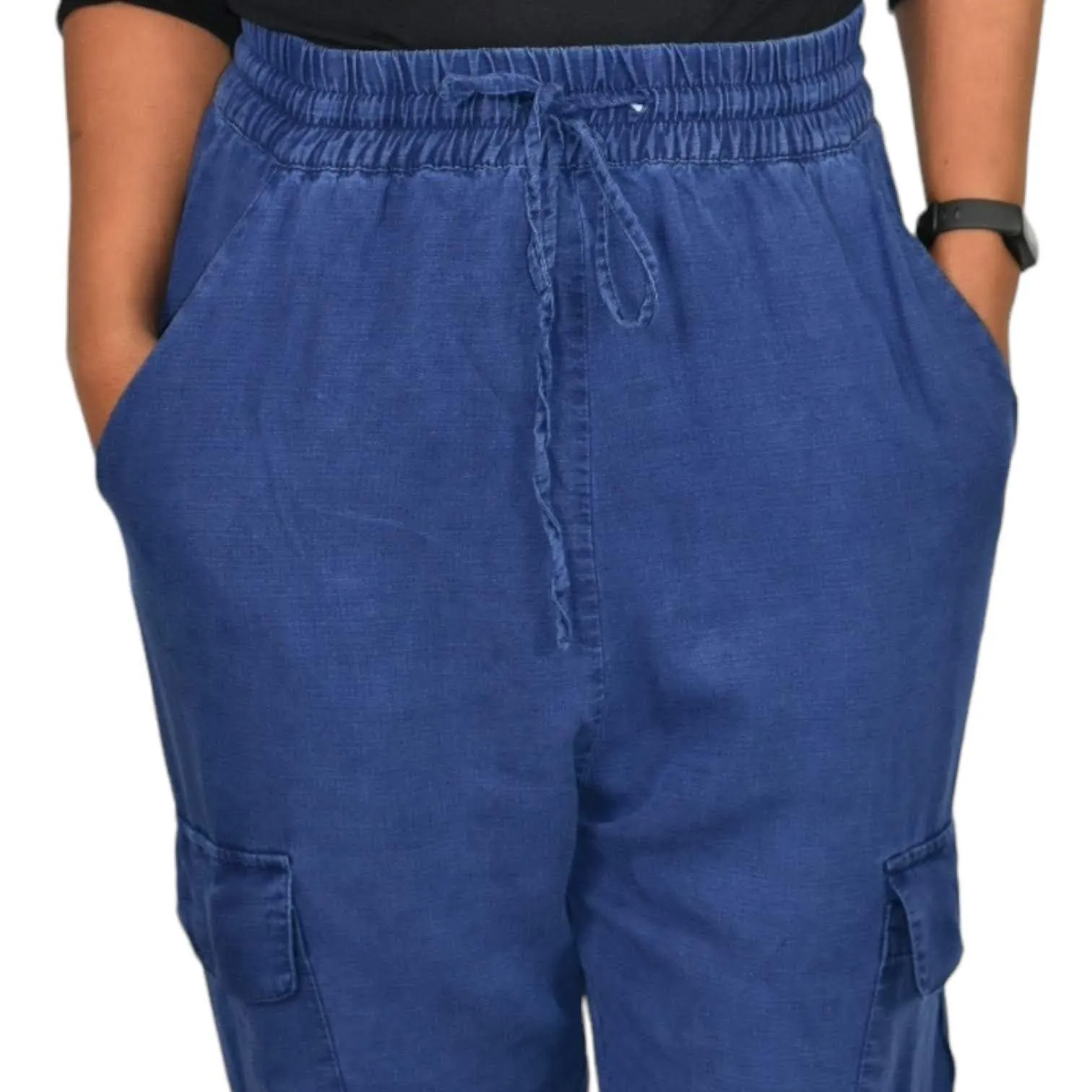 Zara Cargo Pants Blue High Waisted Ruched Crop Jogger Elastic Linen Size Small