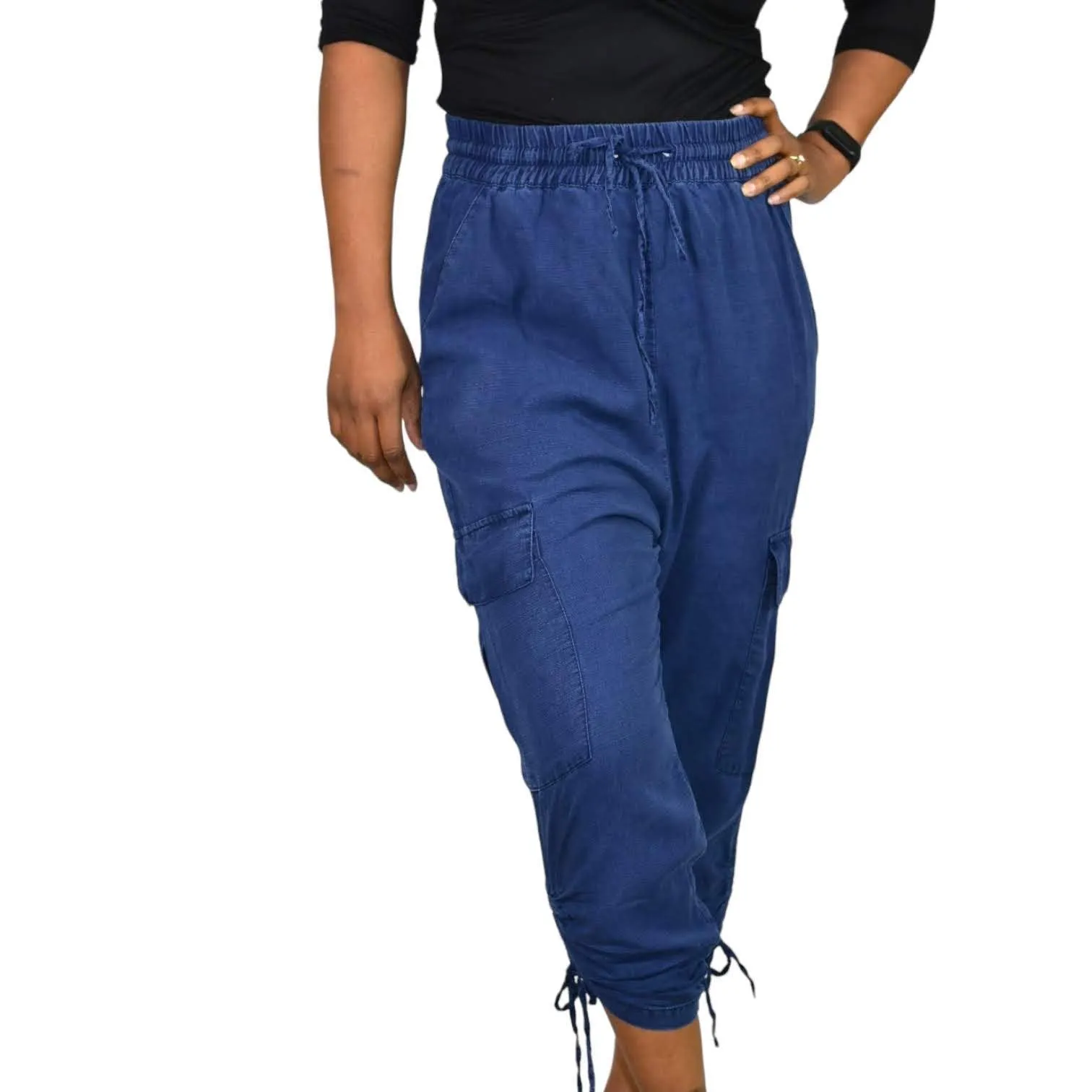 Zara Cargo Pants Blue High Waisted Ruched Crop Jogger Elastic Linen Size Small