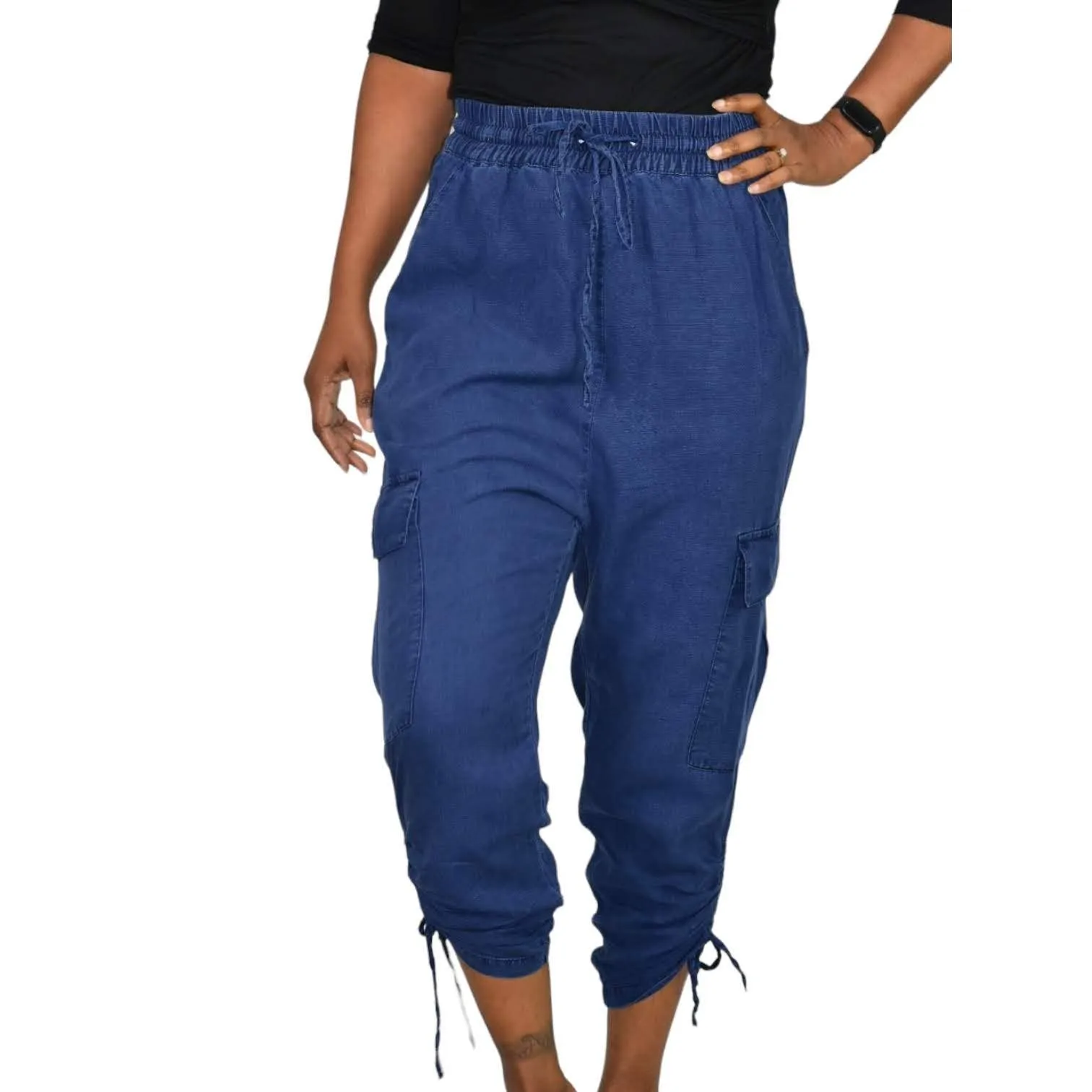 Zara Cargo Pants Blue High Waisted Ruched Crop Jogger Elastic Linen Size Small