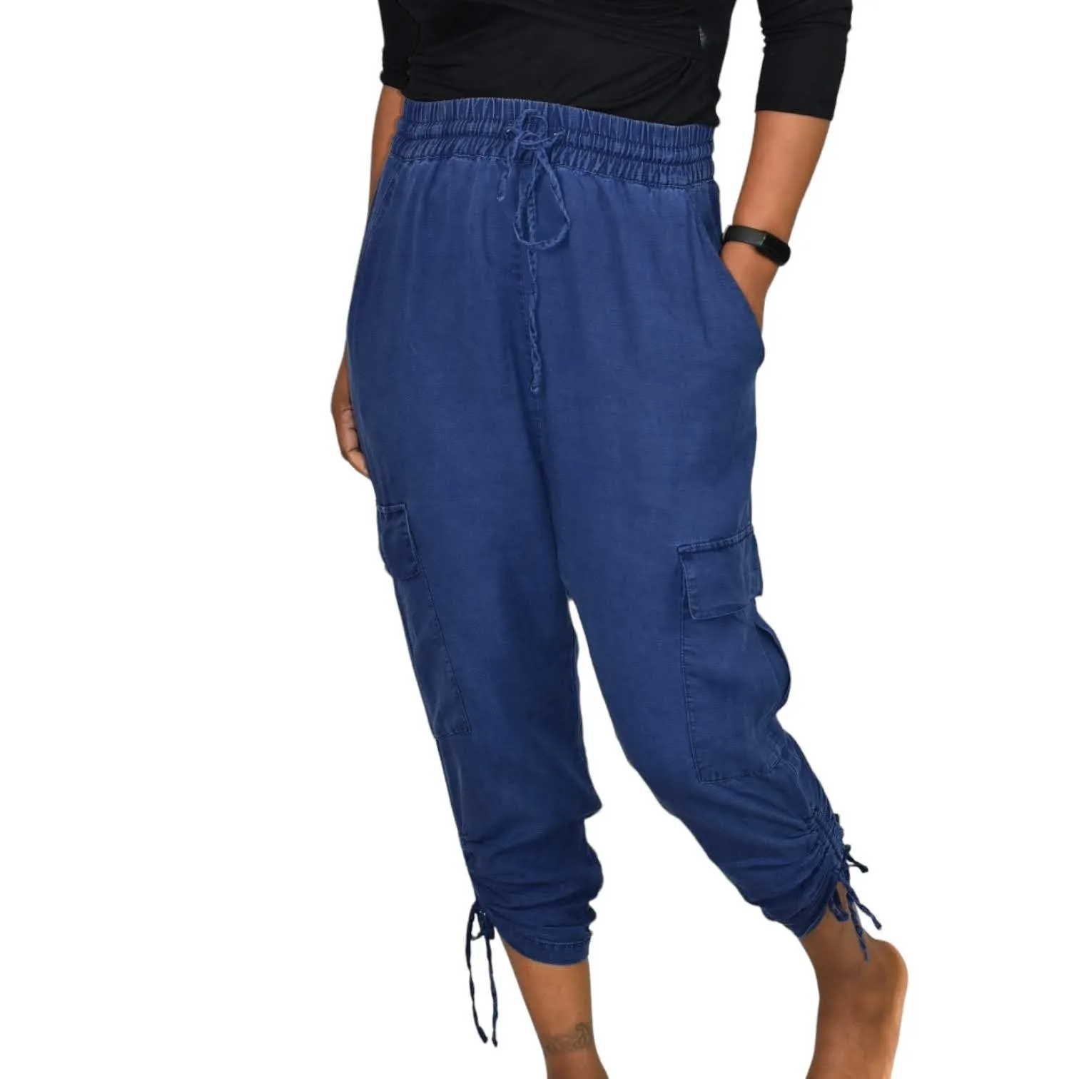 Zara Cargo Pants Blue High Waisted Ruched Crop Jogger Elastic Linen Size Small