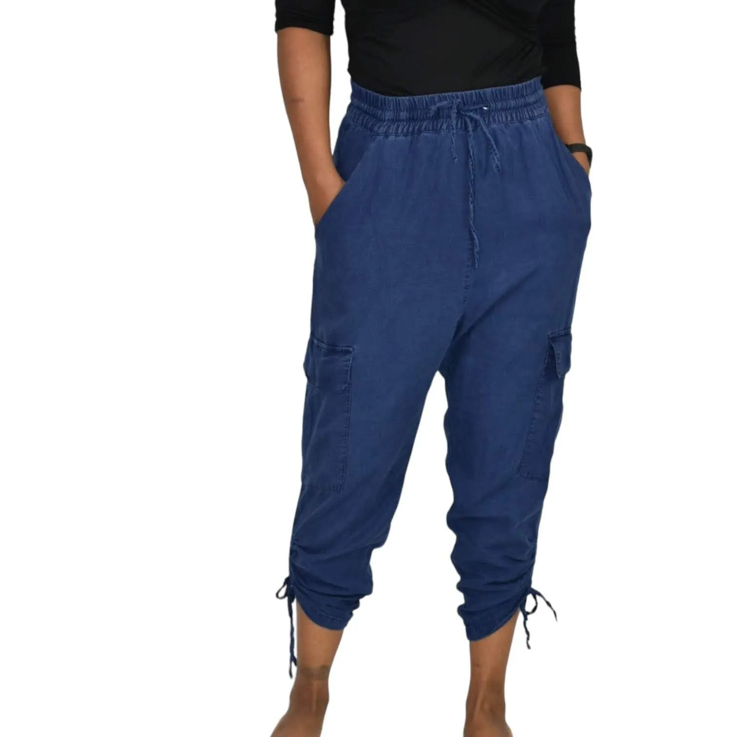 Zara Cargo Pants Blue High Waisted Ruched Crop Jogger Elastic Linen Size Small